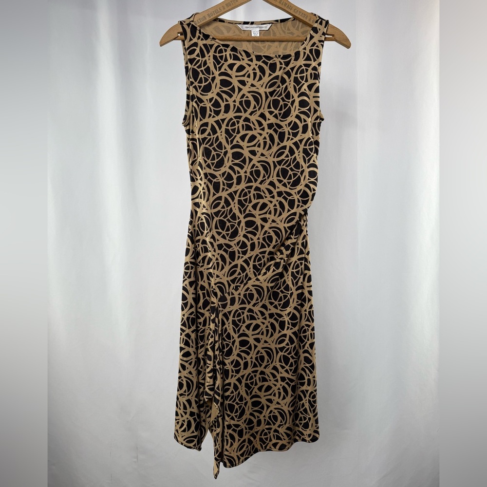 Diane Von Furstenberg 100% Silk Ruched Asymmetric Dress‎ in Brown Black Size 8